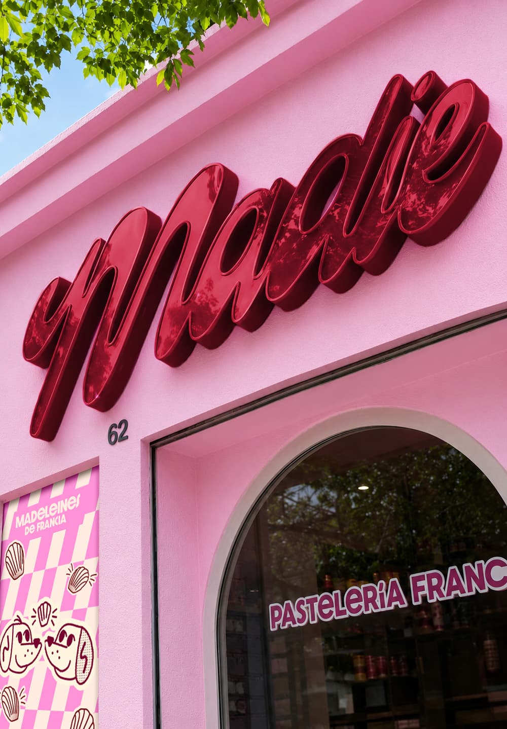 3D pink facade script signage closeup