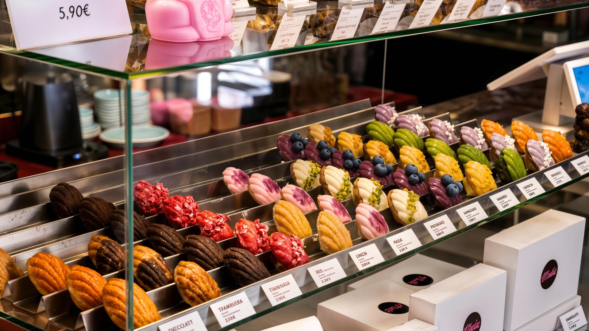 Glass counter displaying rows of colorful artisanal madeleines