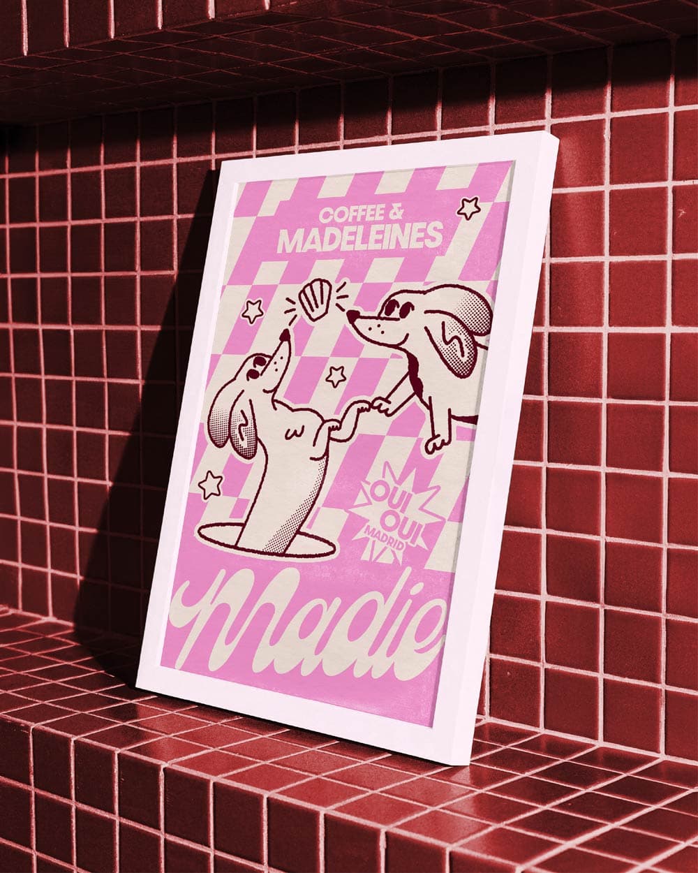 Illustrated brand poster on pink tiled wall