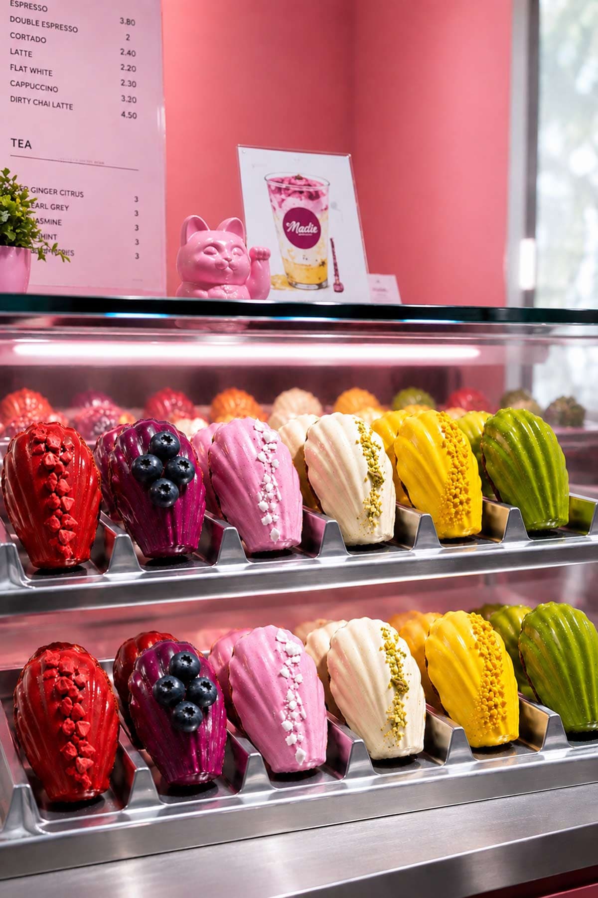 Display shelves of artisanal madeleines in various colors