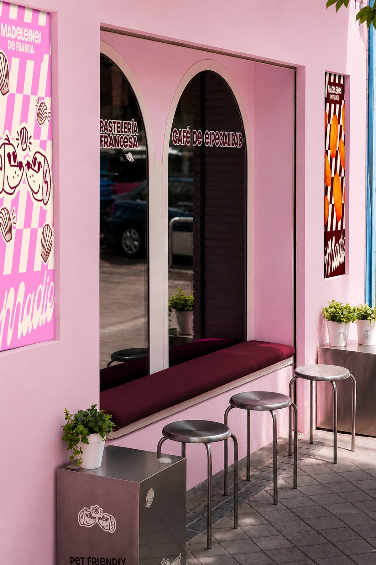 Storefront window seating area with stools