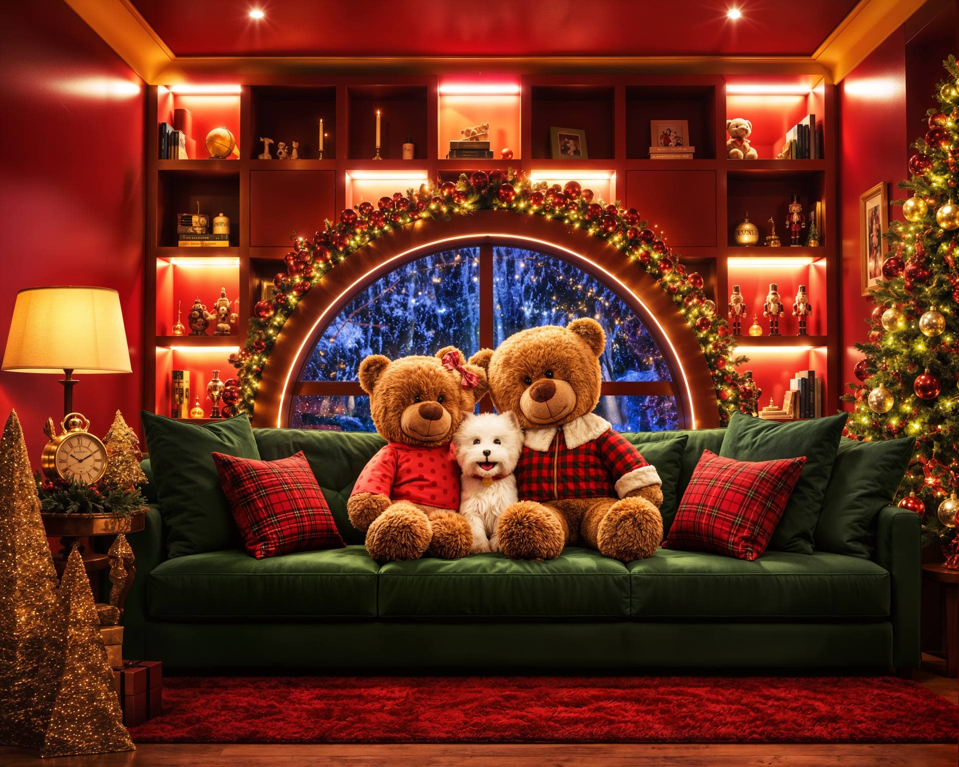 Tom and Lily plush bears on Christmas living room sofa