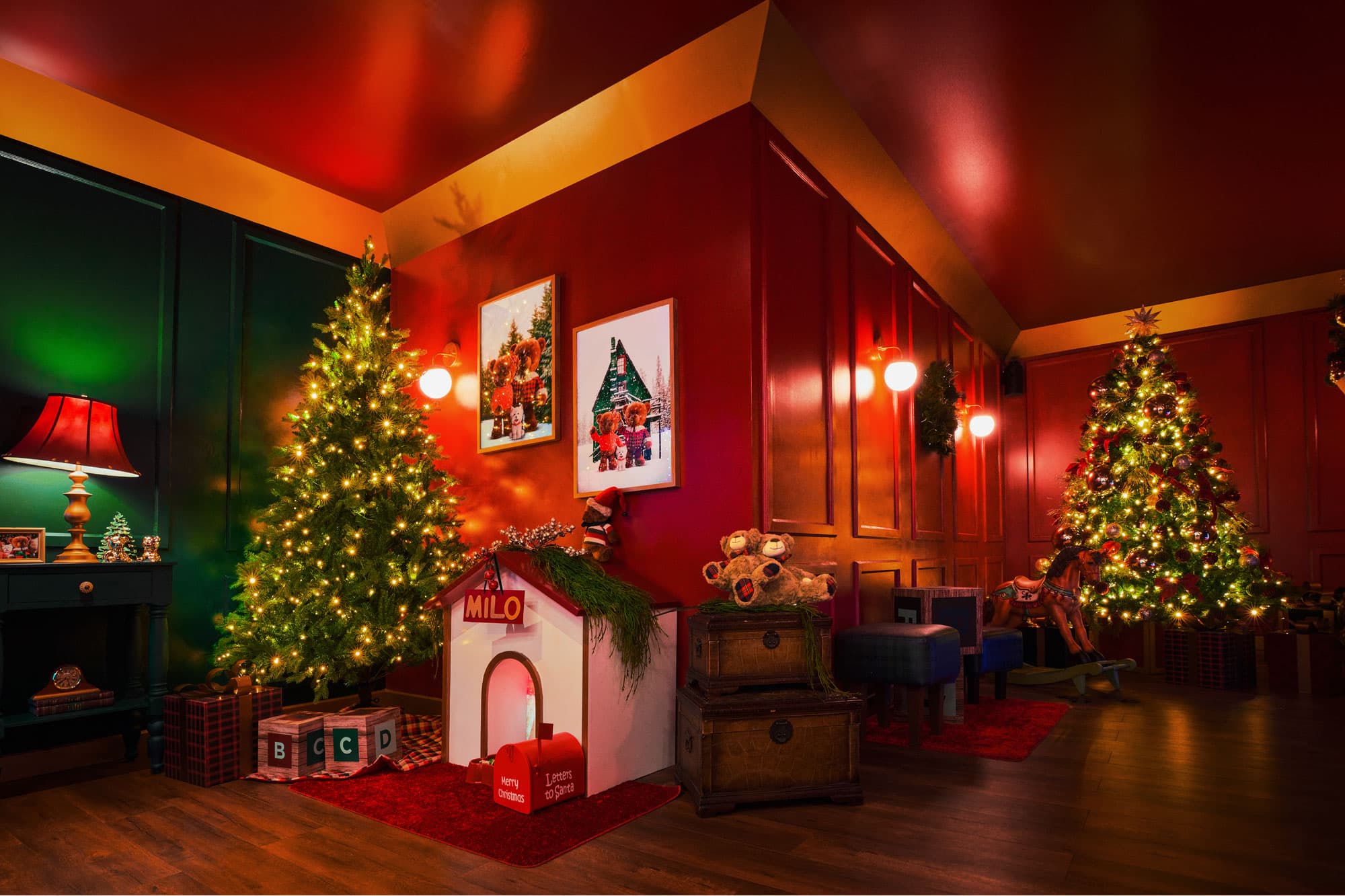Warm festive living room with illuminated trees