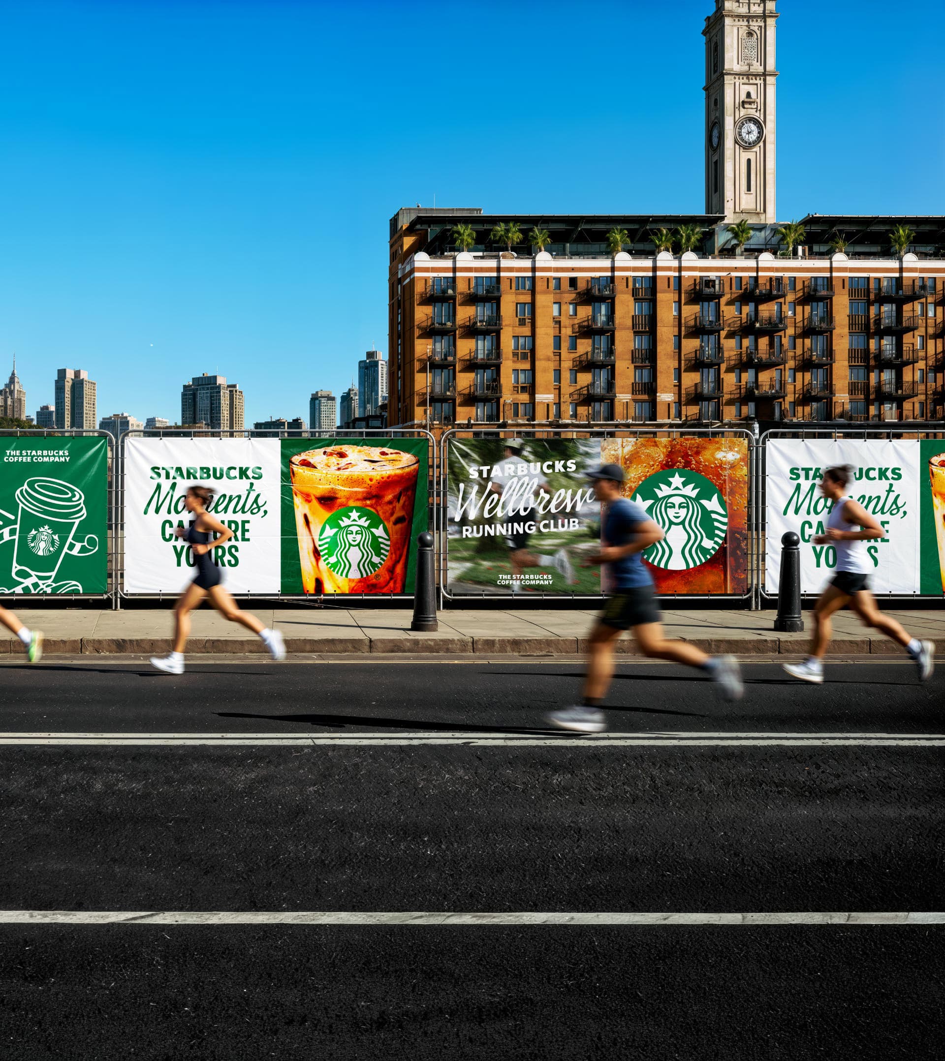 Starbucks Wellbrew Running Club runners on city boulevard