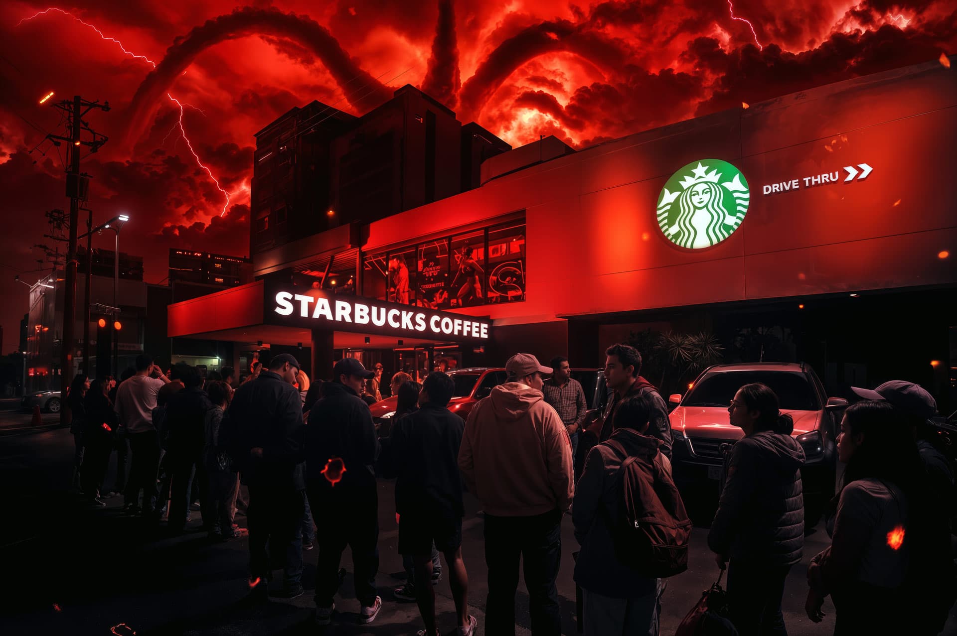 Stranger Things x Starbucks takeover with blood red Upside Down sky