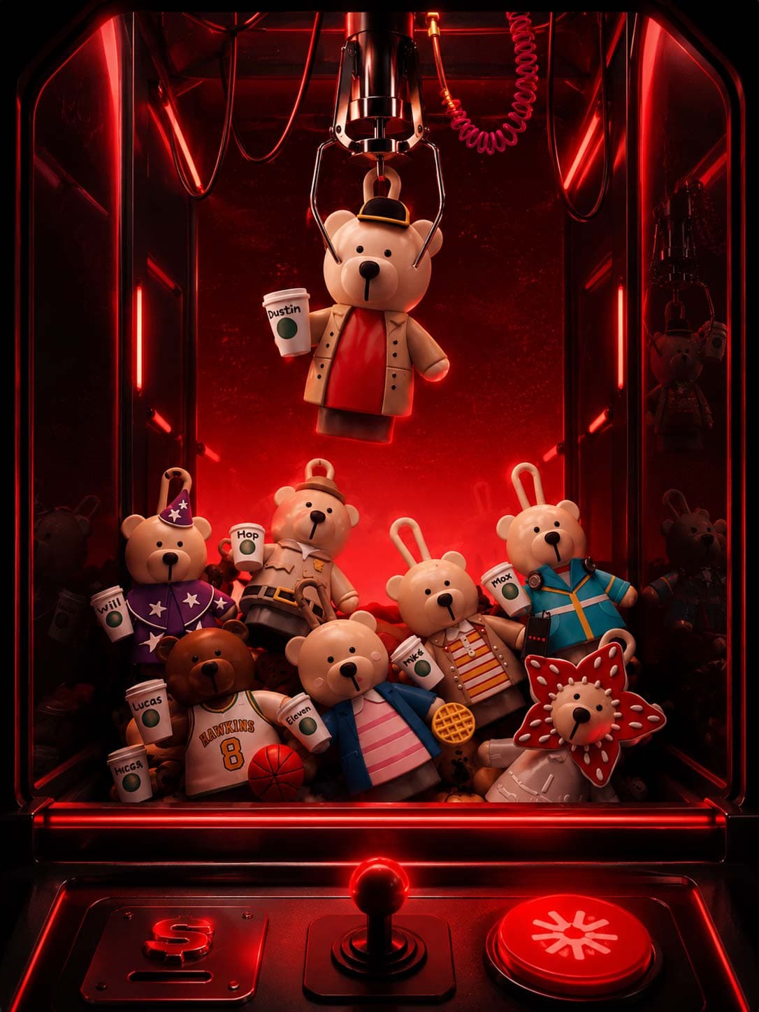 Arcade claw machine filled with Bearista collectibles in red glow