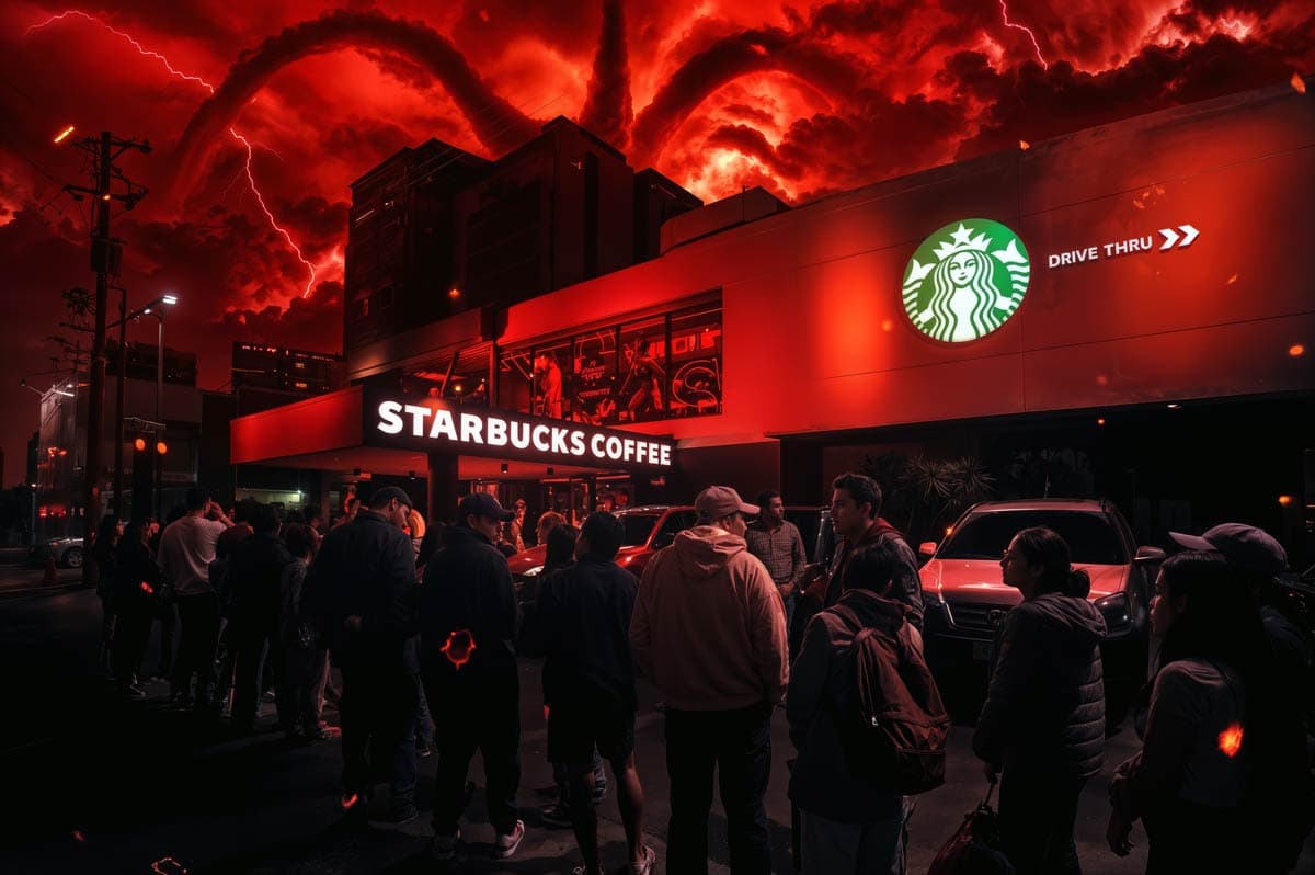 Crowd gathering outside under nighttime red lights