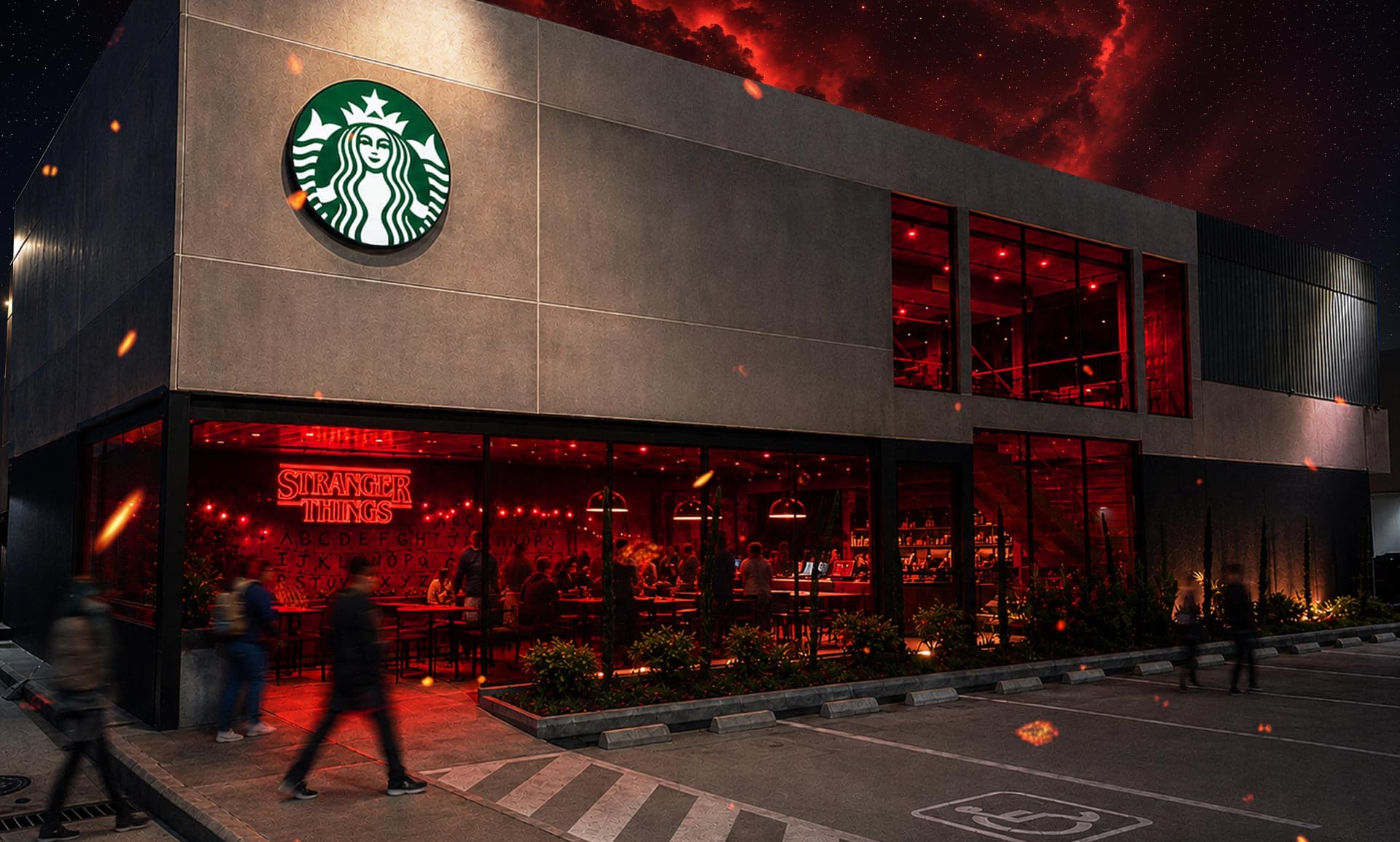 Full exterior of Starbucks building illuminated in blood red