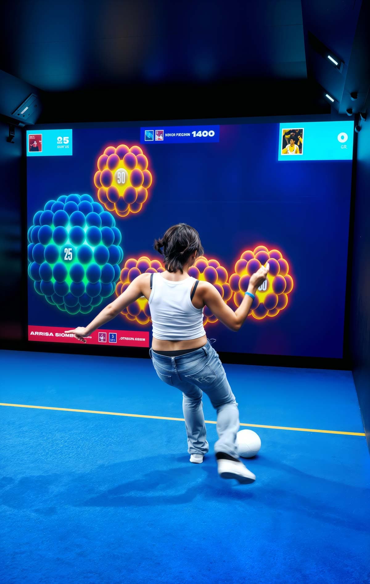 Player kicking football at interactive target screen