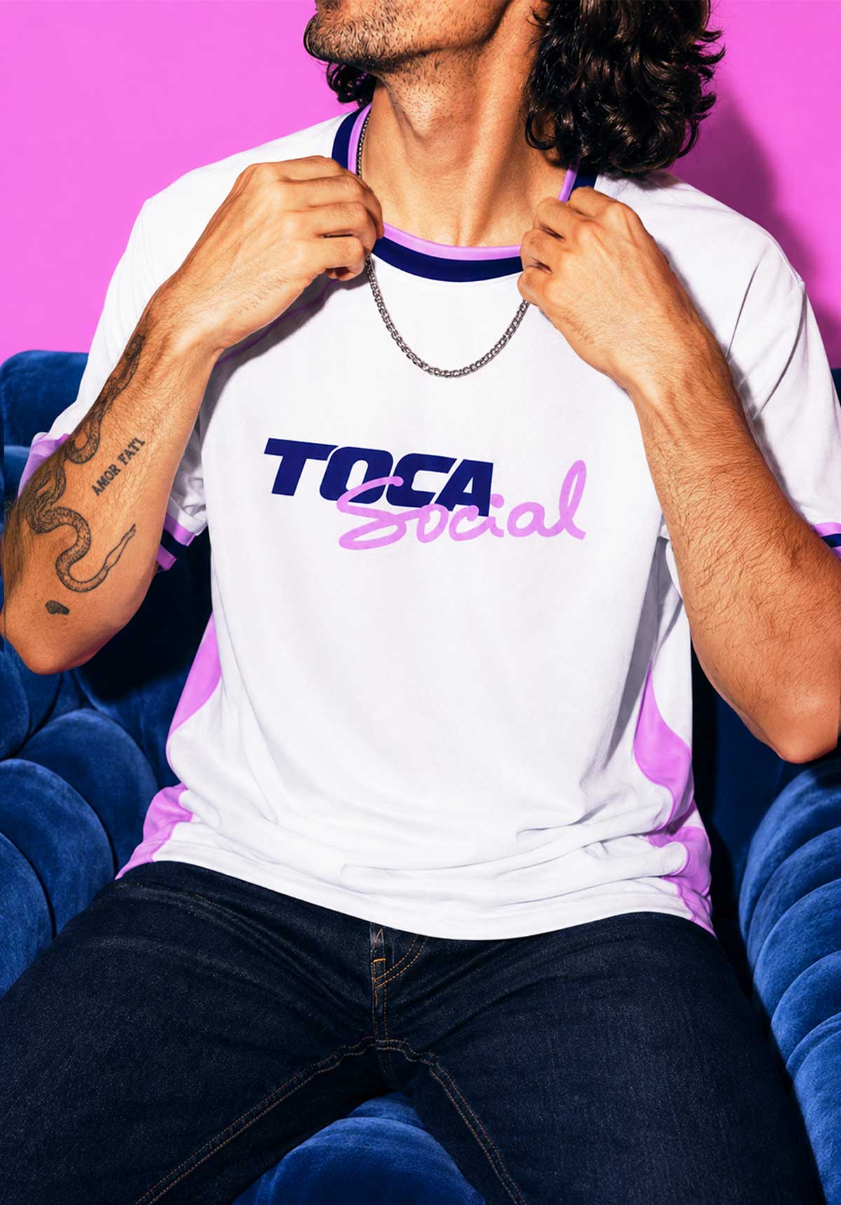 Model wearing TOCA Social custom white tee