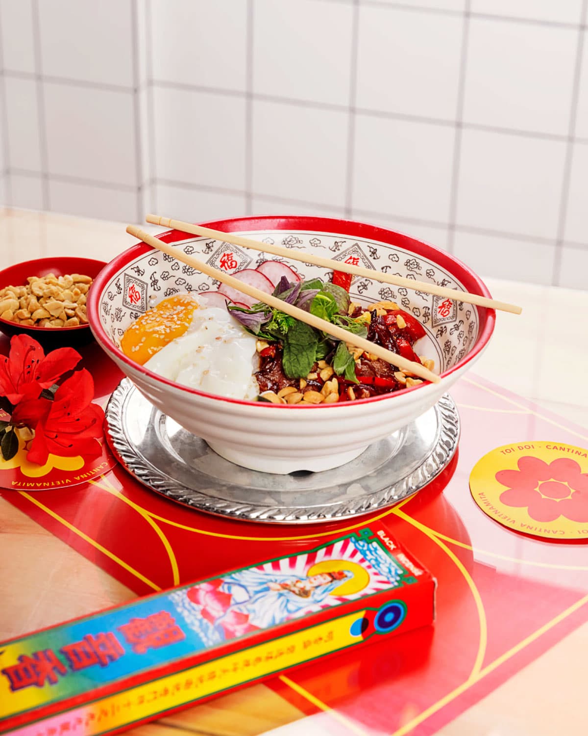 Traditional Pho bowl with red chopsticks box