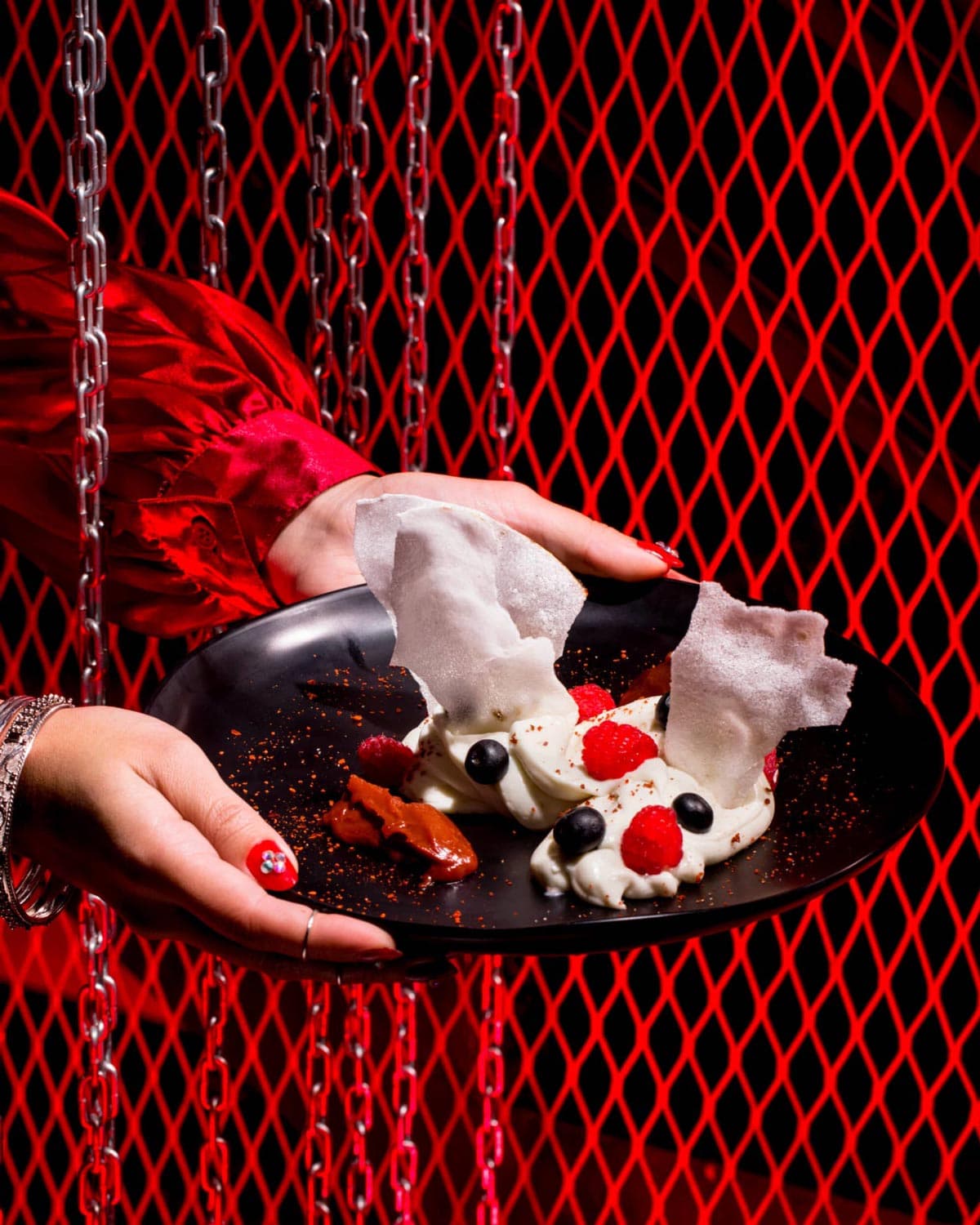 Hands presenting gourmet dessert on red mesh background