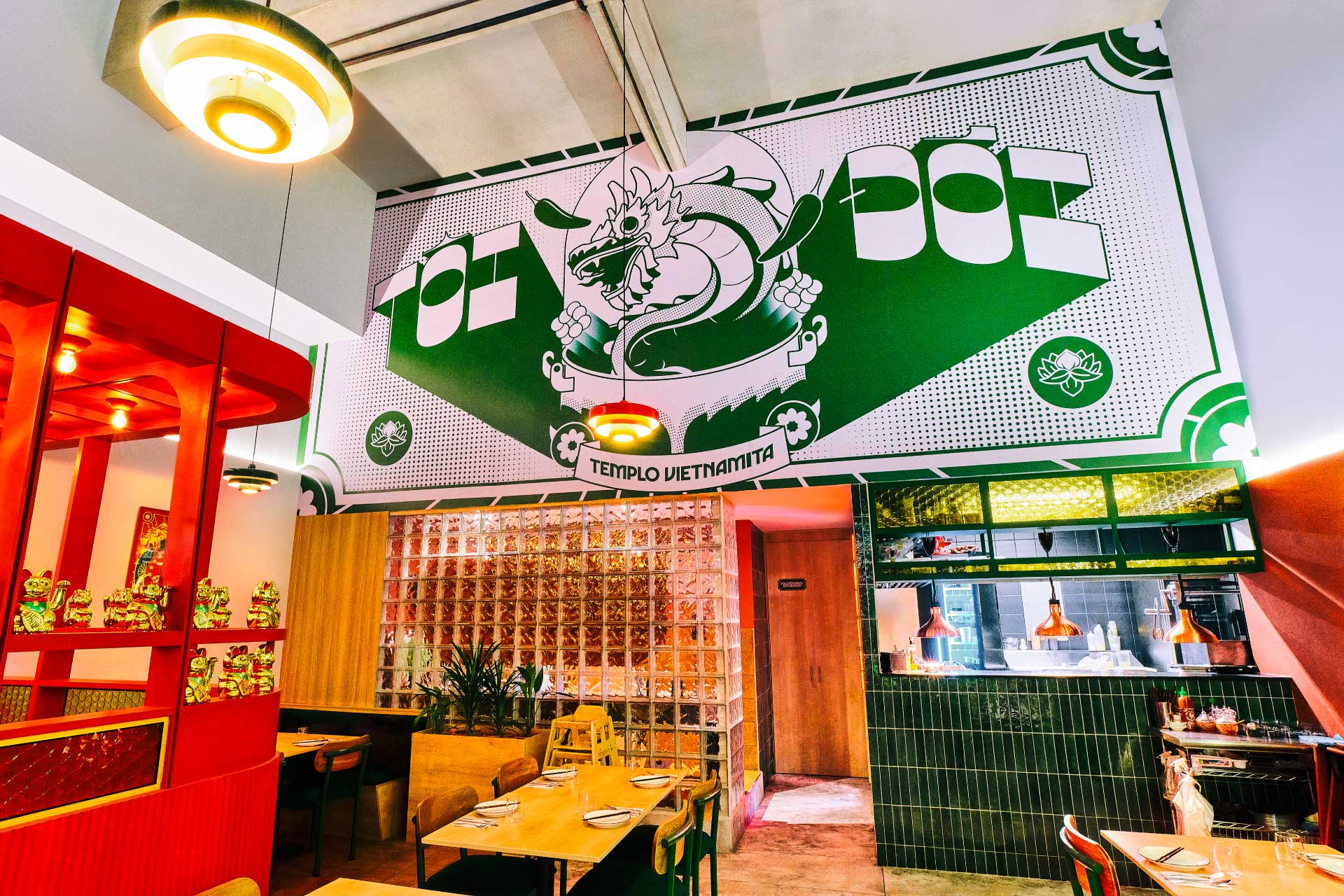 Toi Doi ceiling and green pixel tile wall artwork