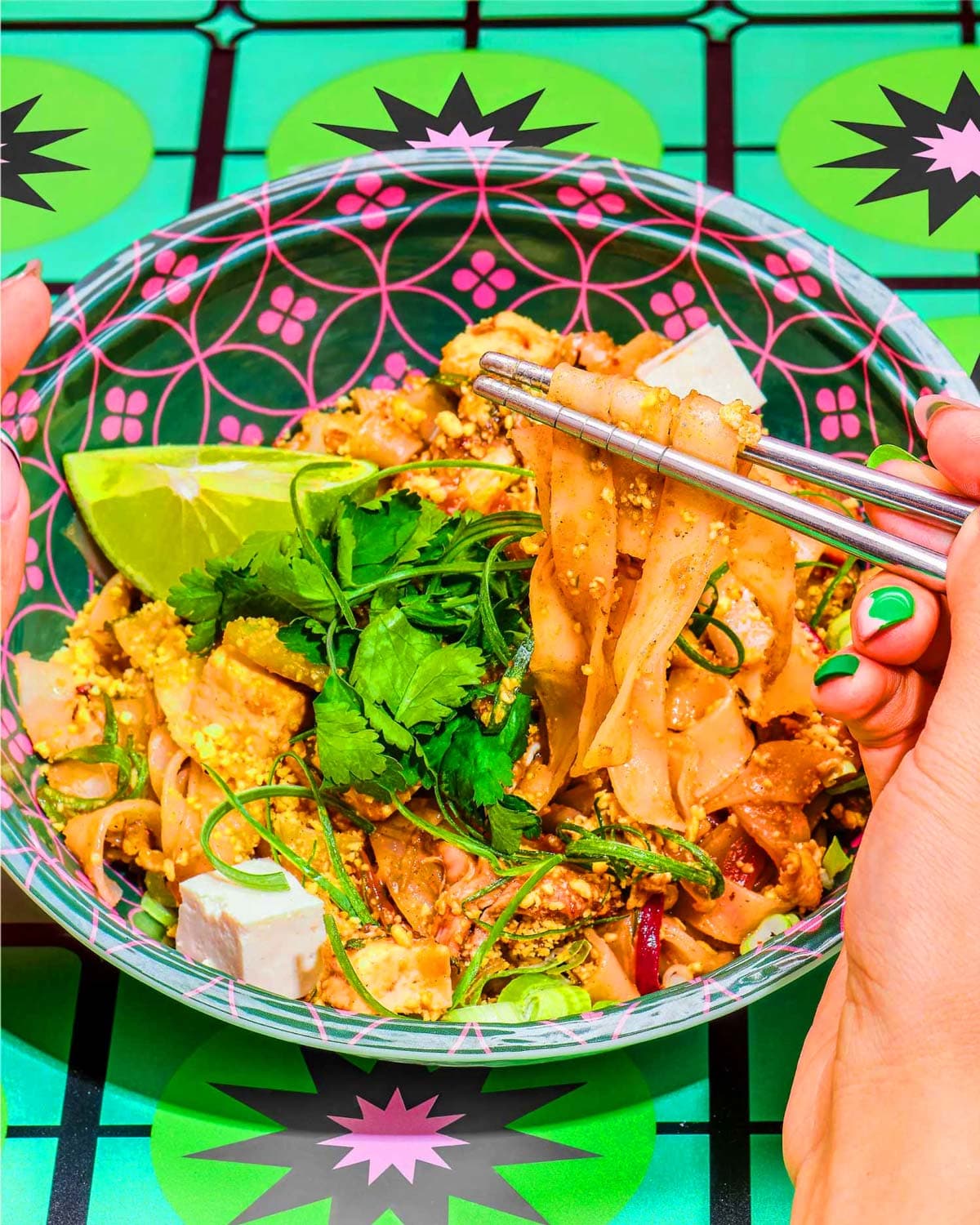 Vietnamese noodles in bowl with chopsticks