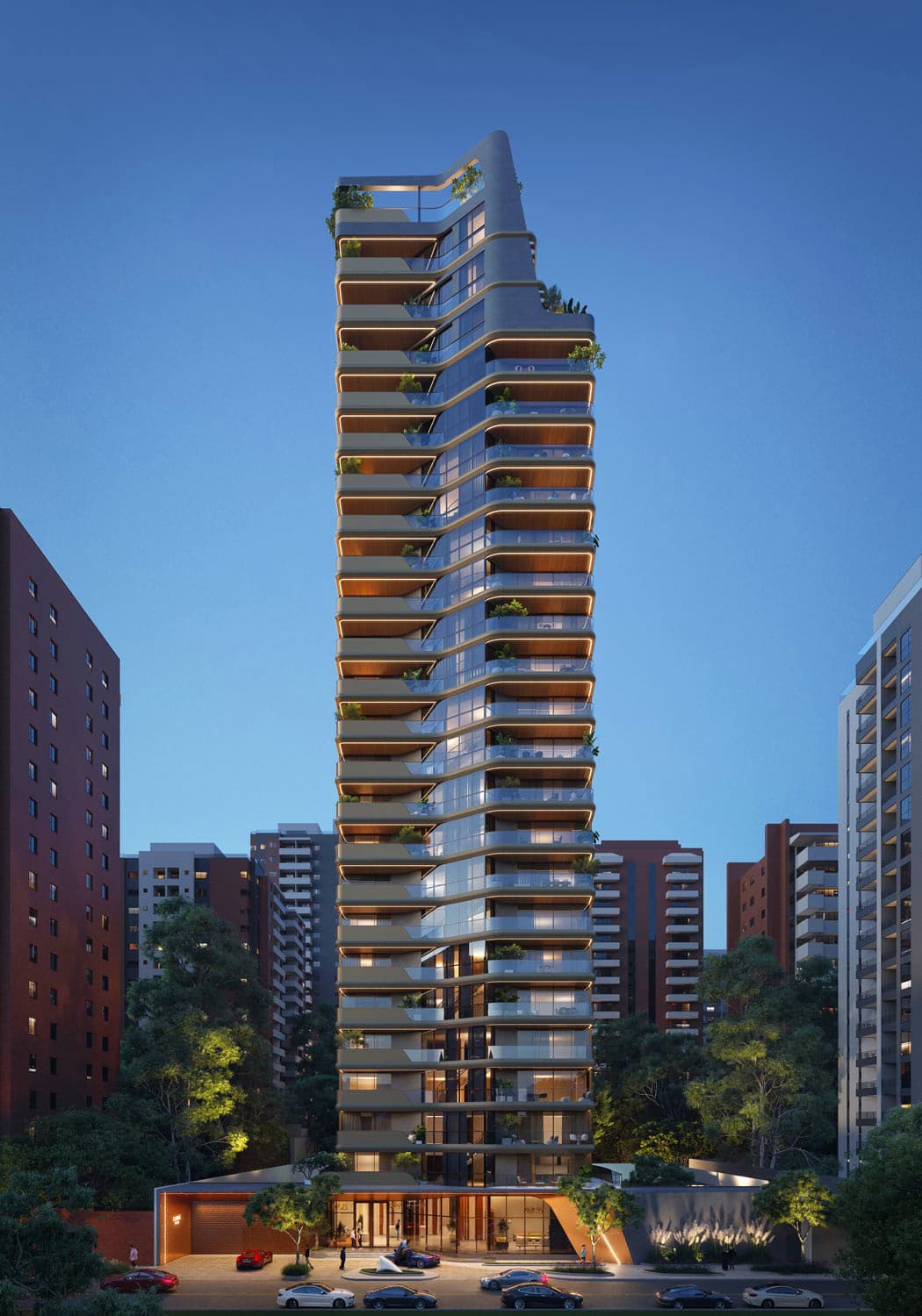 Torre Carrá skyscraper exterior at twilight