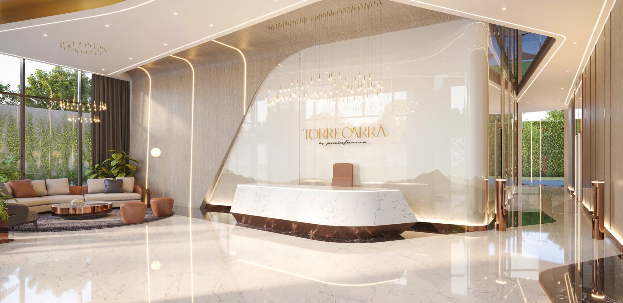 Grand lobby reception with curved white marble wall