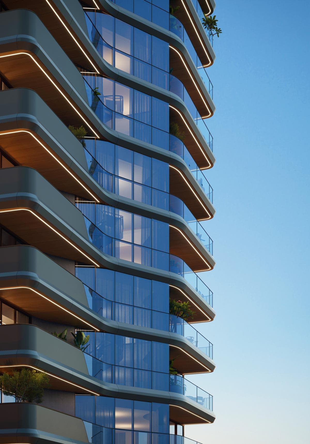 Curved aerodynamic balconies facade