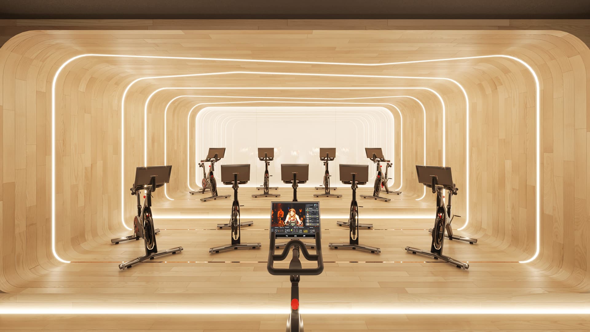 Futuristic wellness fitness studio with wood tunnel lighting